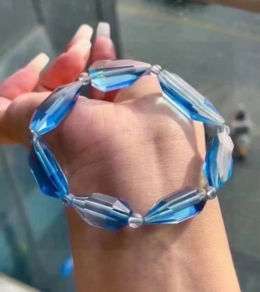 

Natural Blue Aquamarine Quartz Bracelet 25*10mm Clear Beads Gemstone Wealthy Stone For Women Men AAAAAAA