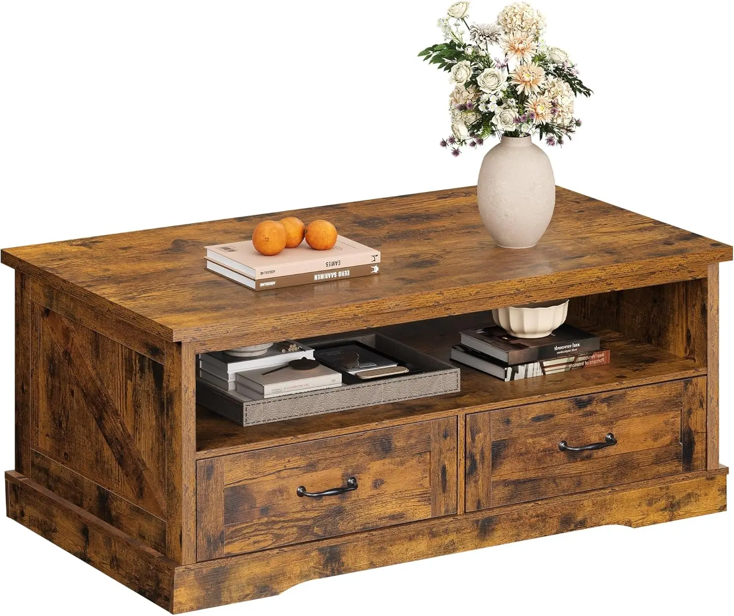 Farmhouse Coffee Table with 2 Drawers, 43" Rustic Brown Center Table for Living Room, Open Shelf & Curved Base