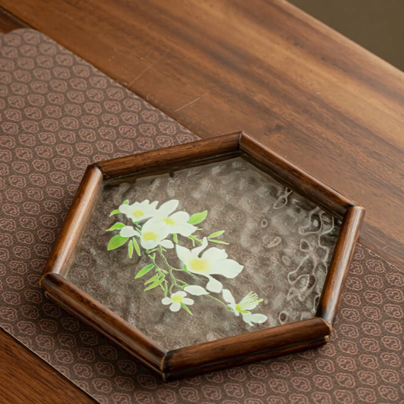 

BP93 Nan Bamboo Glass Tea Tray, Handmade Tea Platter for Gongfu Tea, Traditional Chinese Tea Set Storage and Organizer