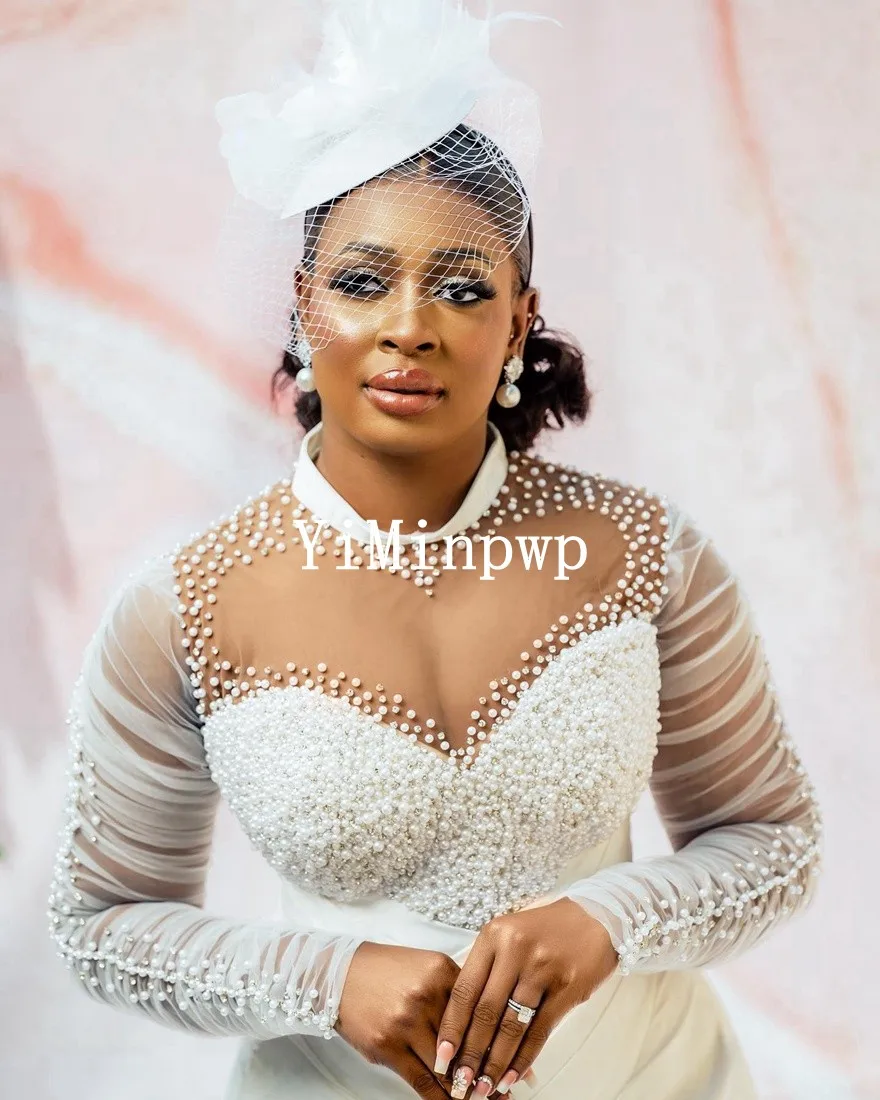 Robes de mariée civiles arabes pour mariée col haut manches longues longueur de thé perles plis afrique robe de mariée traditionnelle personnalisée