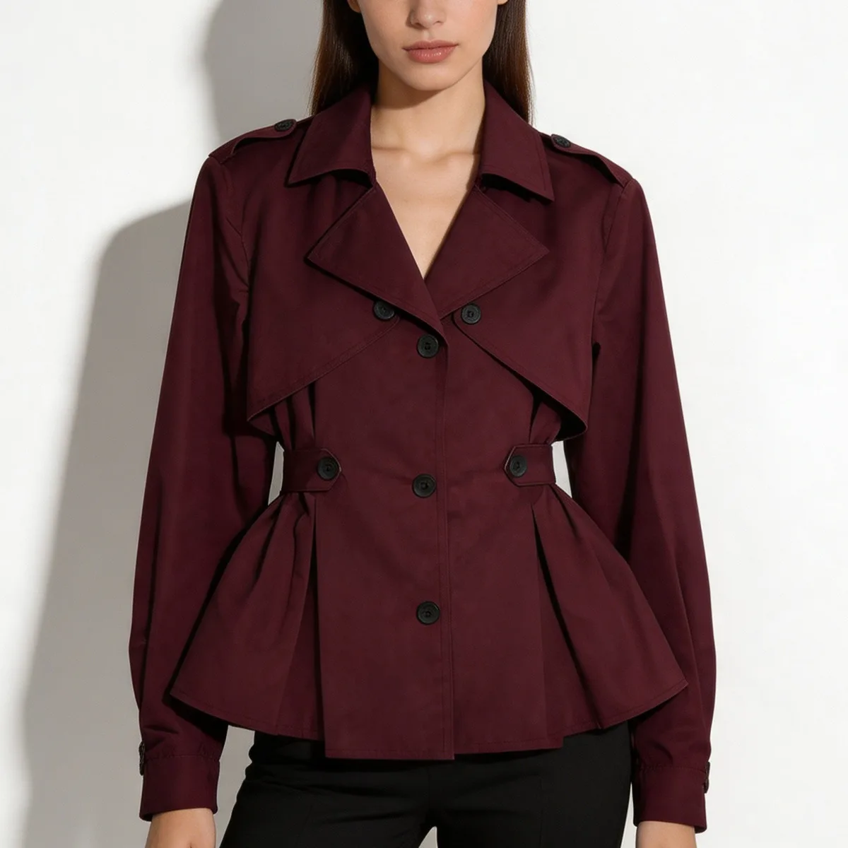 Women Short Trench Coat, Lapel Collar Epaulet Design Button‑Tied Waist Ruffle Hem Single Breasted Slim Fit Windbreaker Outerwear