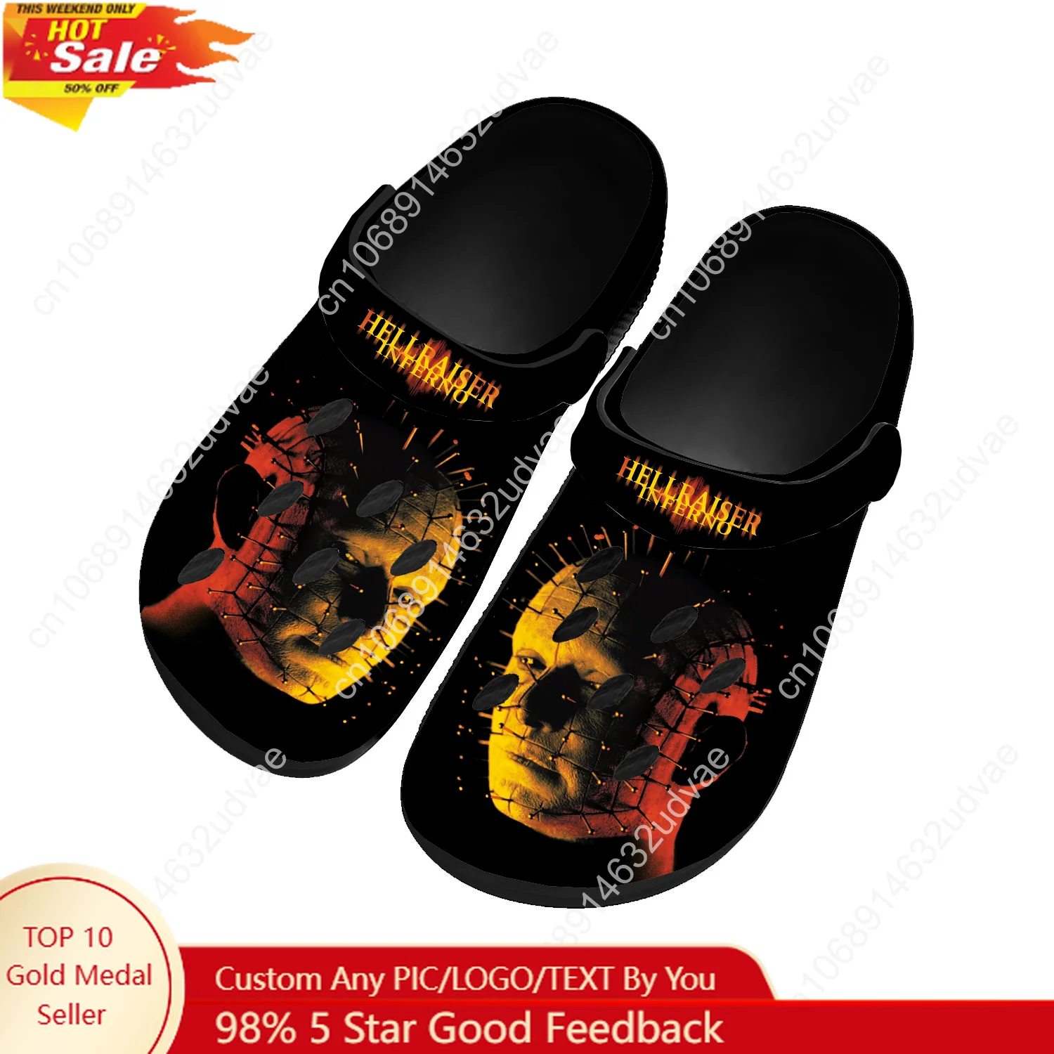 

Hellraiser Sandals Mens Women Youth Boy Girl Water Shoes Home Clogs Custom Made Breathable Hole Slippers Black