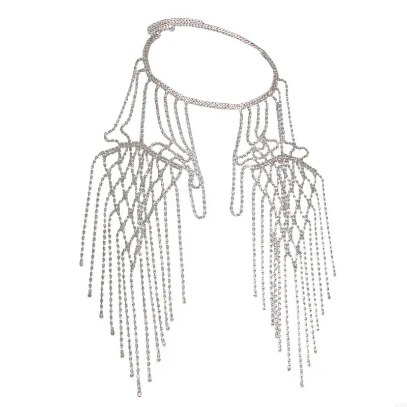 E56A Elegant Rhinestones Tassels Shoulder Chain Hand Beading Collar Necklace for Lady Rhinestones Necklace for Party/Club