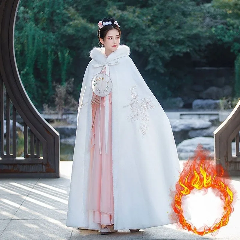 Disfraz antiguo Original Hanfu para mujer, capa larga de invierno de estilo antiguo, chal grueso y polar, cuello de piel cálido, estatura corta