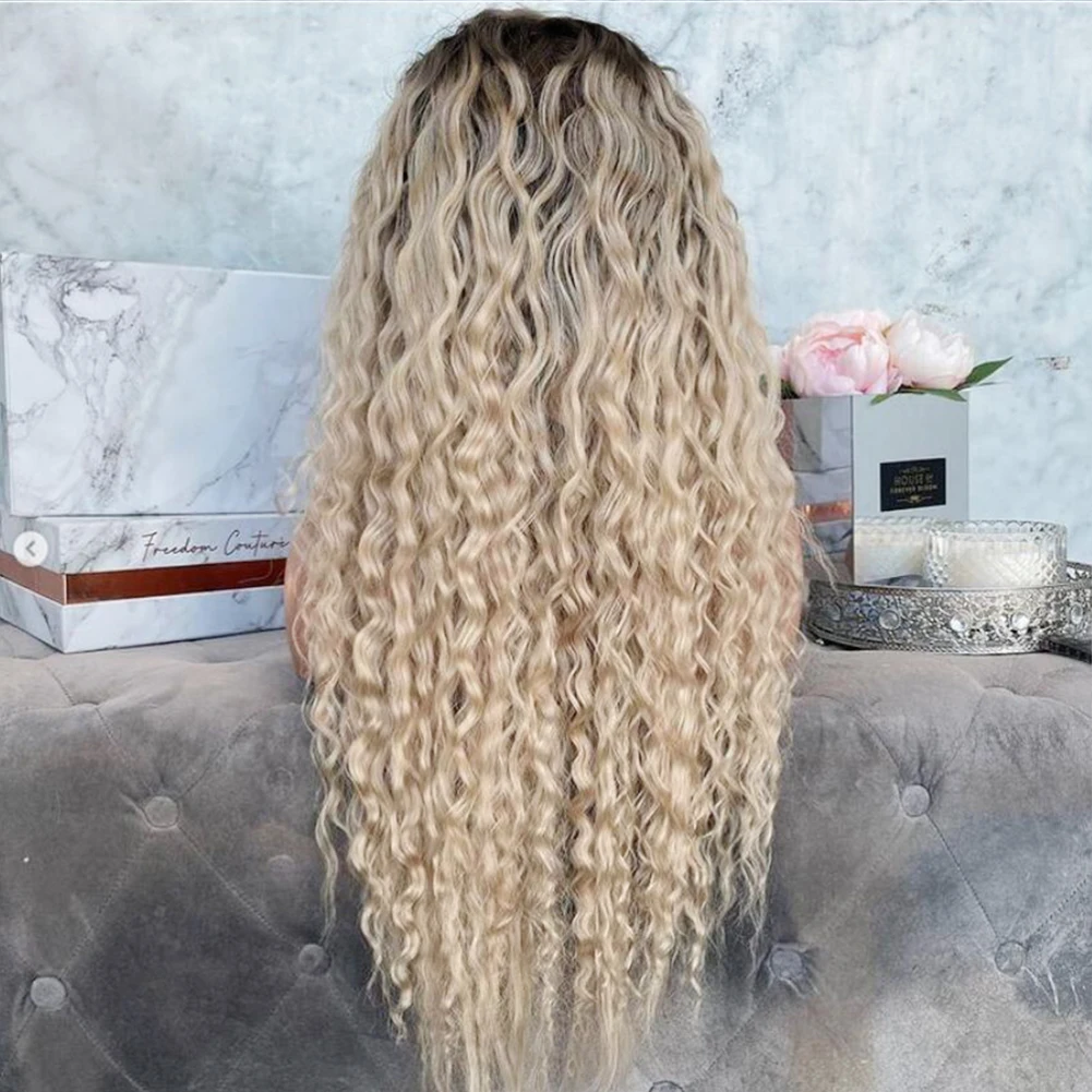 AIMEYA Synthetic Lace Front Wigs for Women Ombre Blonde Wig High Temperature Fiber Lace Wigs Deep Wave Party Blonde Curly Wig