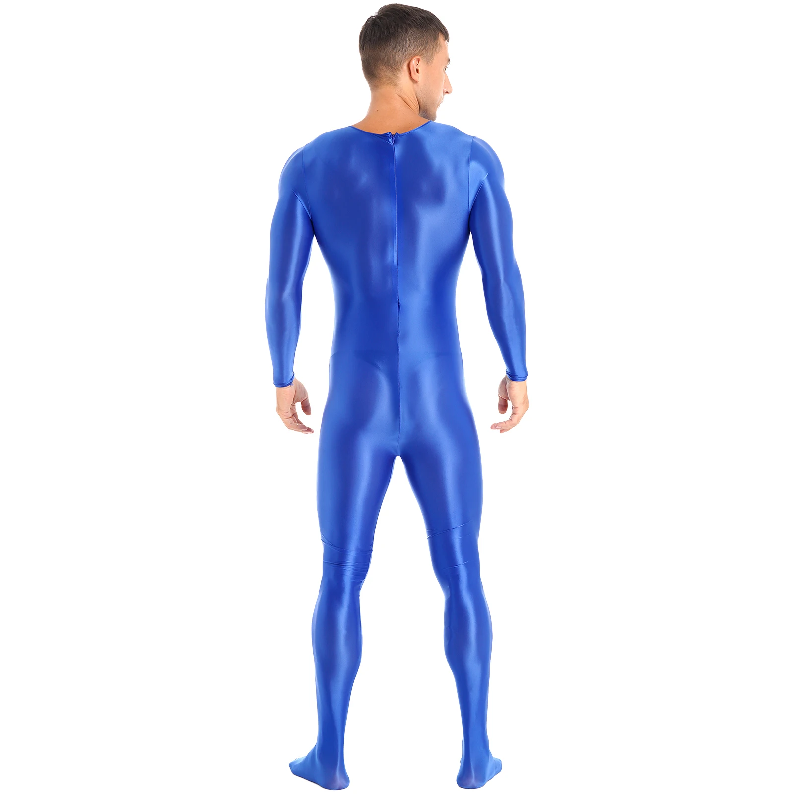 Mens Lingerie Mock Neck Back Zipper Bodystocking Glossy Gymnastics Fitness Solid Color Long Sleeve Bodysuit Sportwear Nightwear