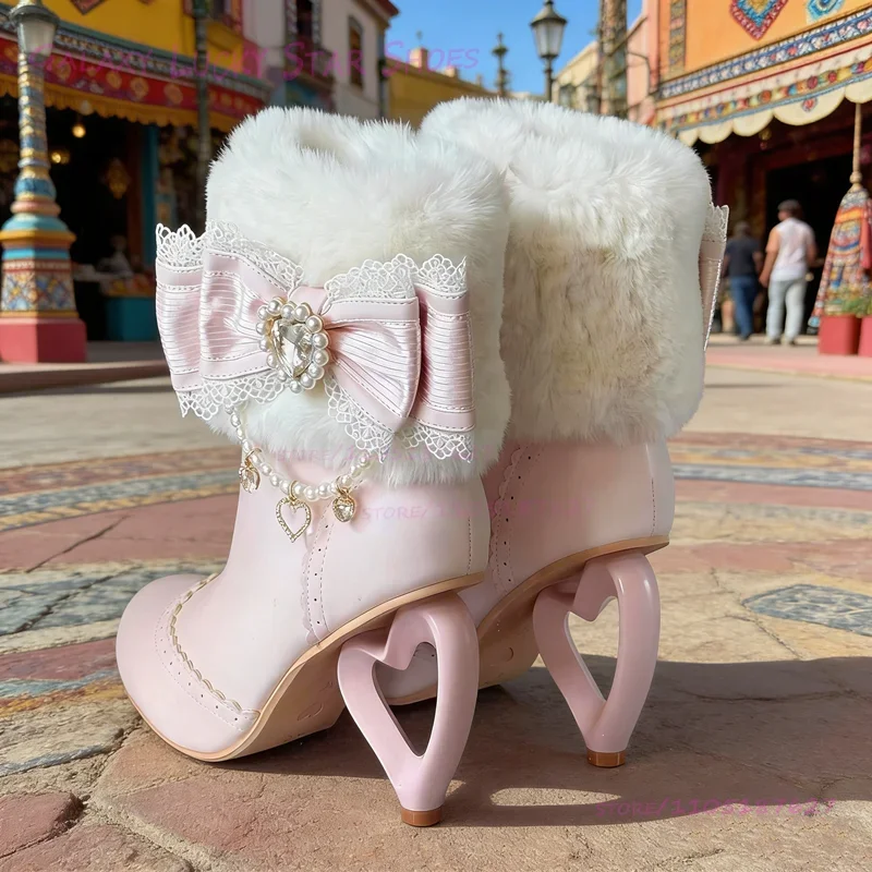 Pink Cute Heart Shaped Ring Fretwork Heels For Girls Lolita Style White Bow Diamond Buttons Calf Booties Black Zip Round Shoes