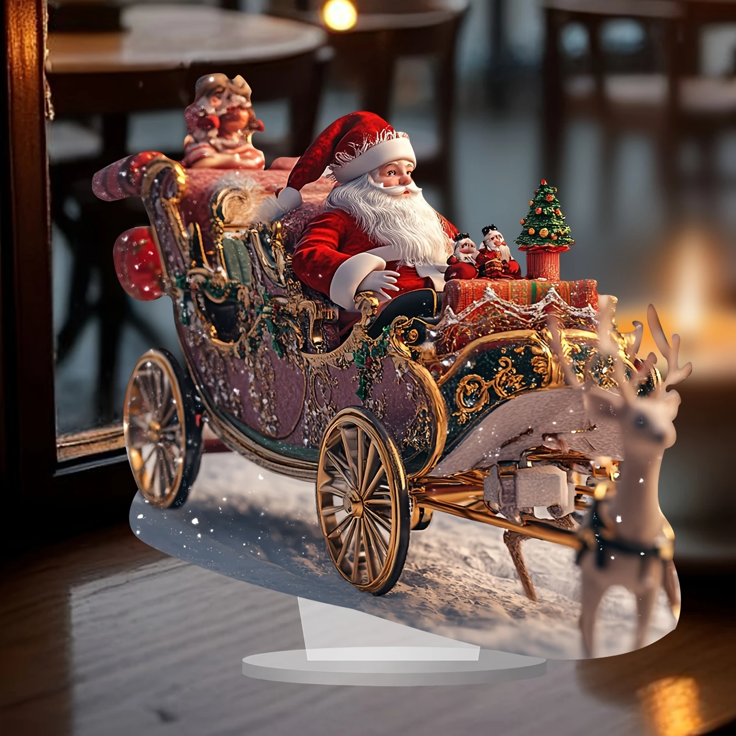 2D Retro Santa Reindeer Carriage 10in Acrylic Decorative Piece Colours Home Decoration Table Decoration 2026 New Year Gift