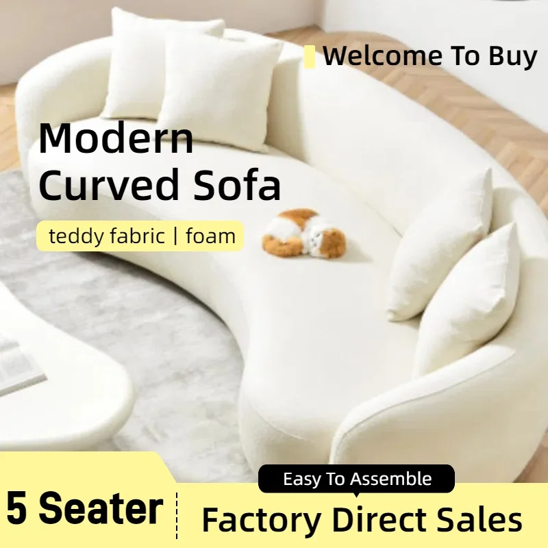 Modern Curved Sofa 101.57 Inch White Comfortable Half-moon Teddy Sofa Four-seater Sofa With 4 Living Room Throw Pillows