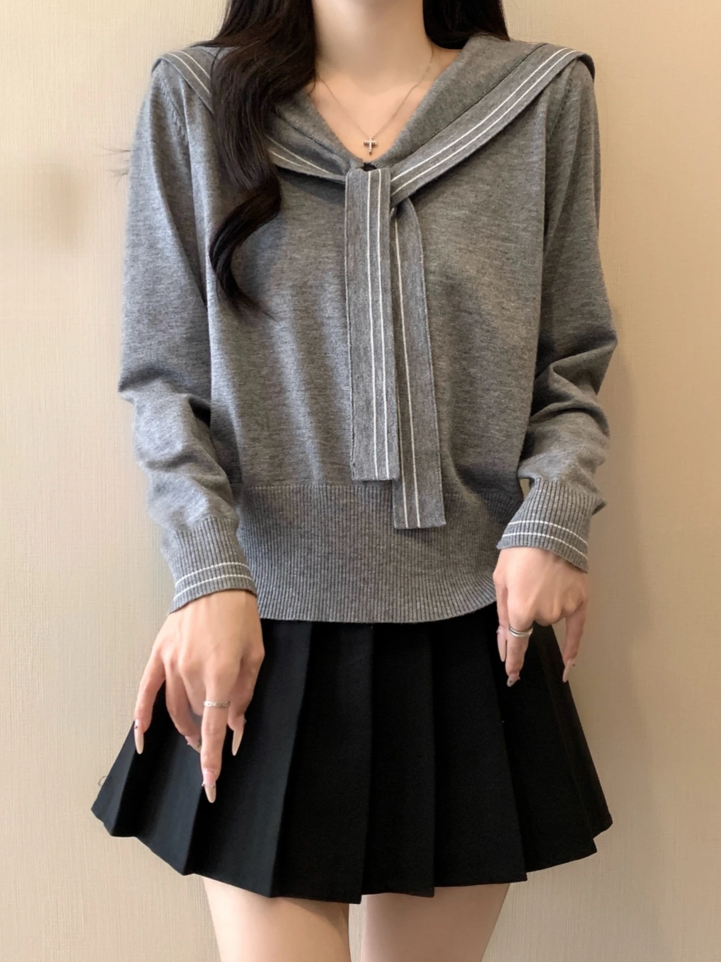 Slimming Short Knitted Shoulder Wrap Long Sleeve Navy Collar Women's Base Shirt Spring Autumn plus Size Comfortable Korean Style