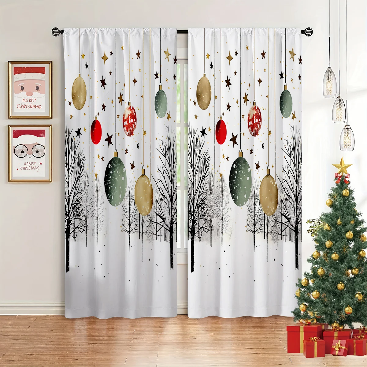 2pcs Curtains With A Cartoon Snowflake Print For Christmas—100% Polyester, Festive Decorative Curtains For Children's Rooms.