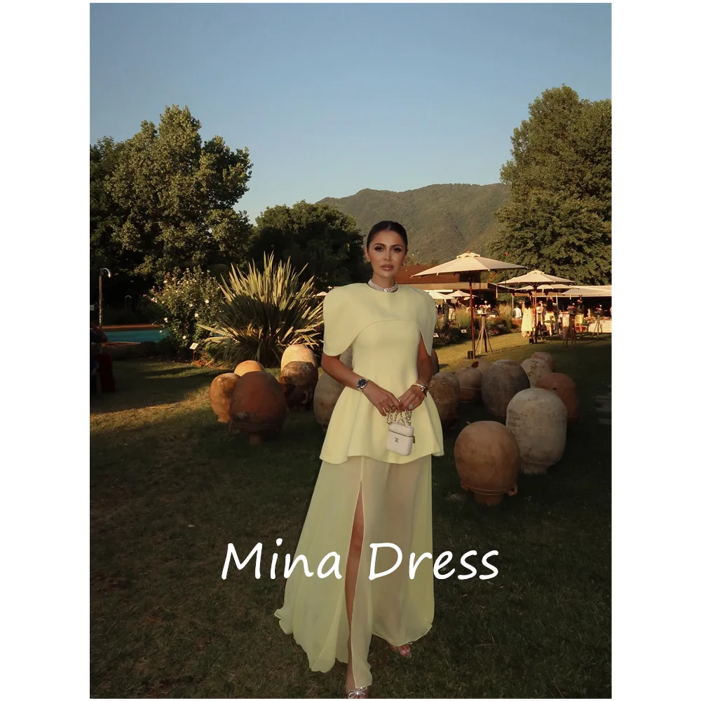 

Mina Customized Yellow Luxury Prom Dresses Side Slit Ruffles Cap Sleeves Formal Evening Dress A Line Guest Party Gowns