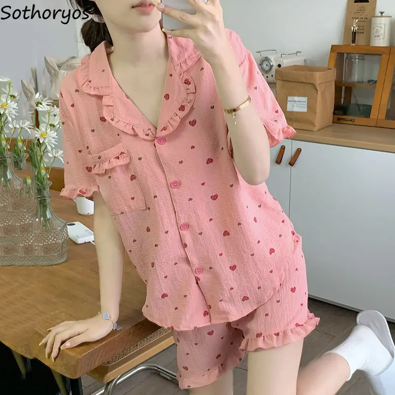 

Pajama Sets Women Printed Daily Kawaii Elegant Students Designer Summer Turn-down Collar Trendy Korean Style Girlish Soft Casual