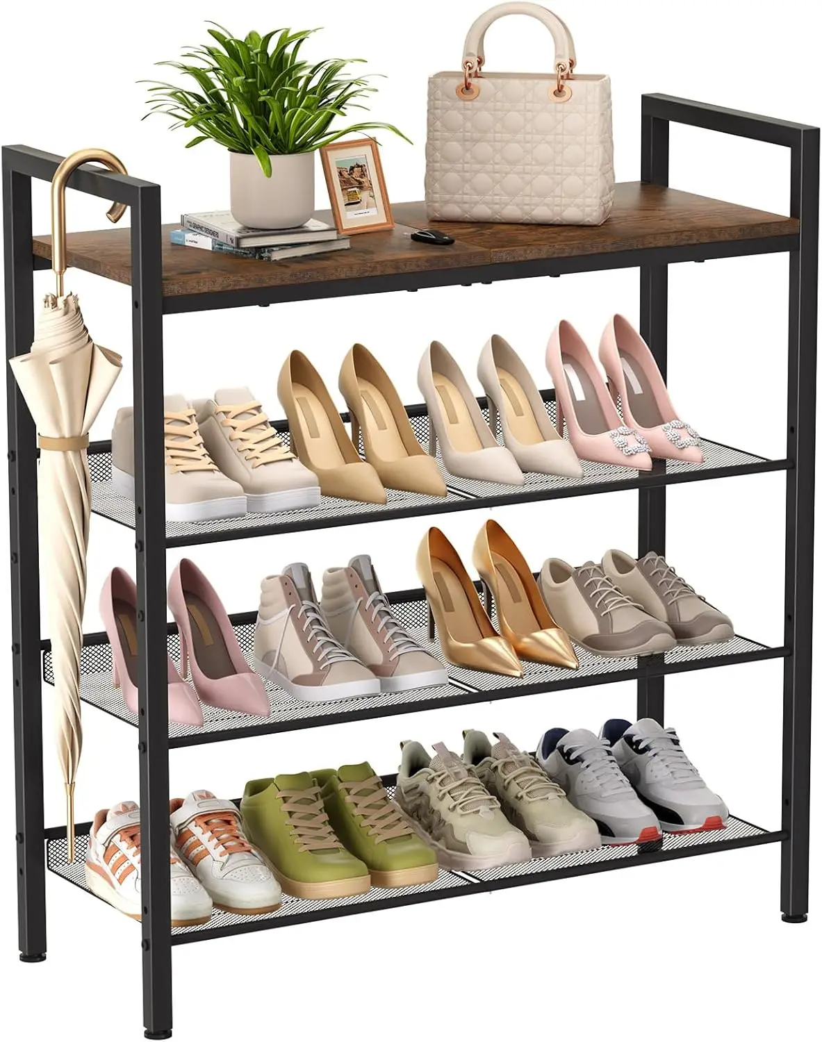 

4-Tier Metal Shoe Rack for Entryway, Holds 12-16 Pairs, Free Standing Organizer (Black+Rustic Brown)