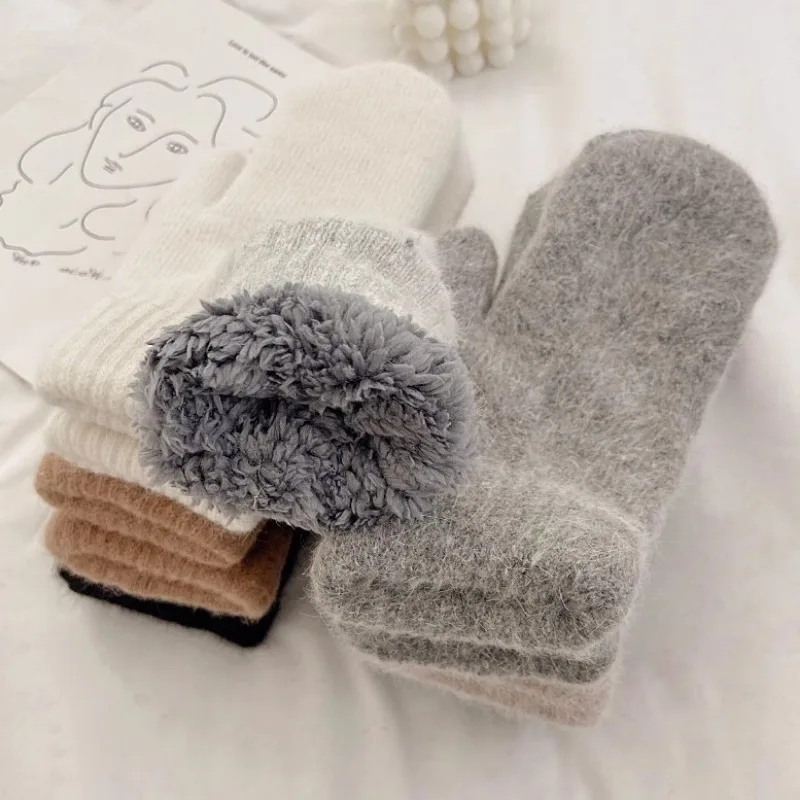 Koreanisches Temperament sanft ins Stil warm Plüsch verdickte Fäustlinge einfache schöne pelzige Strick handschuhe kawaii finger lose Handschuhe Frauen