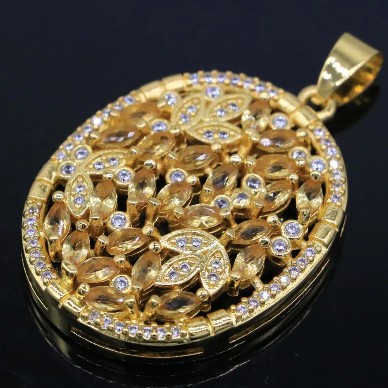 

45x29mm 9.8g Flowers Shape Golden Citrine White CZ Women Daily Wear Silver Pendant