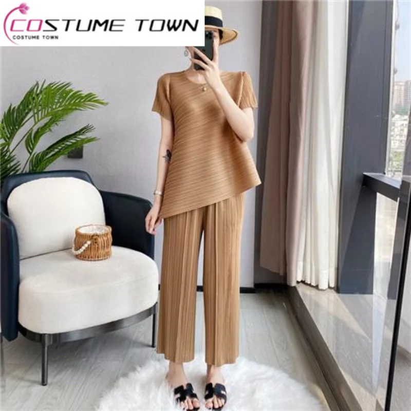 

Pleated Fashion Casual Set Women's Spring/Summer 2023 New Irregular Top Loose Wide Leg Pants Two Piece Set Fashion