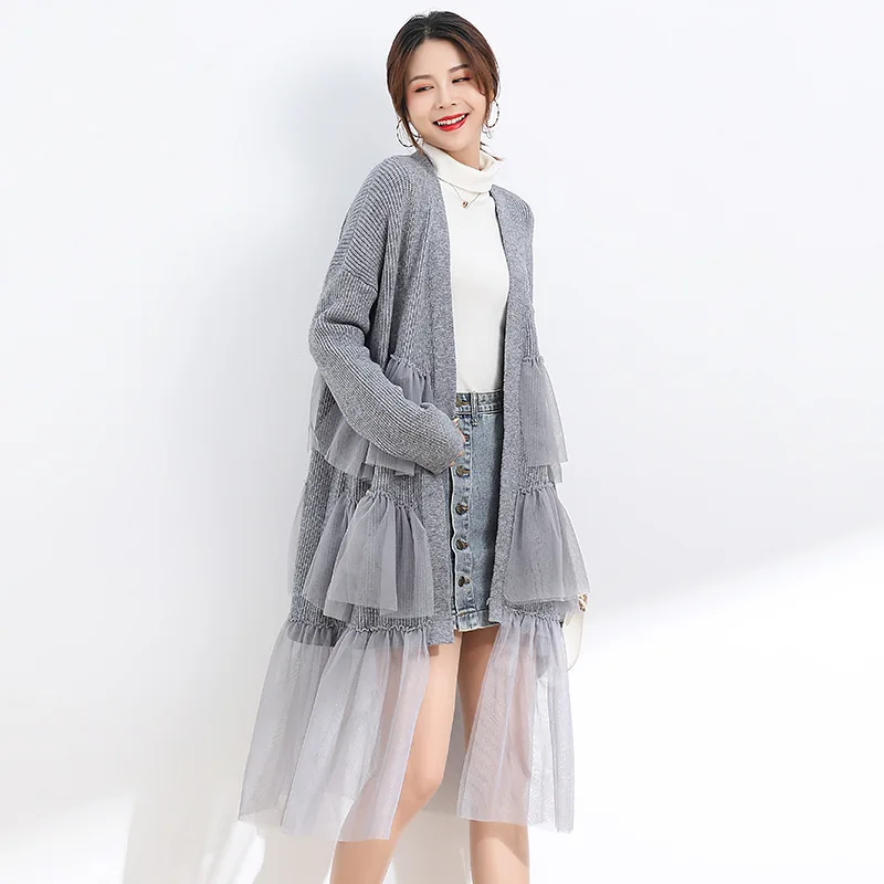 [EWQ] Winter Clothes Women Big Size Tops Gray Cardigan Knitted Warm Cardigan Mesh Splicing Sweater Coats 2024 Autumn New 16O2341