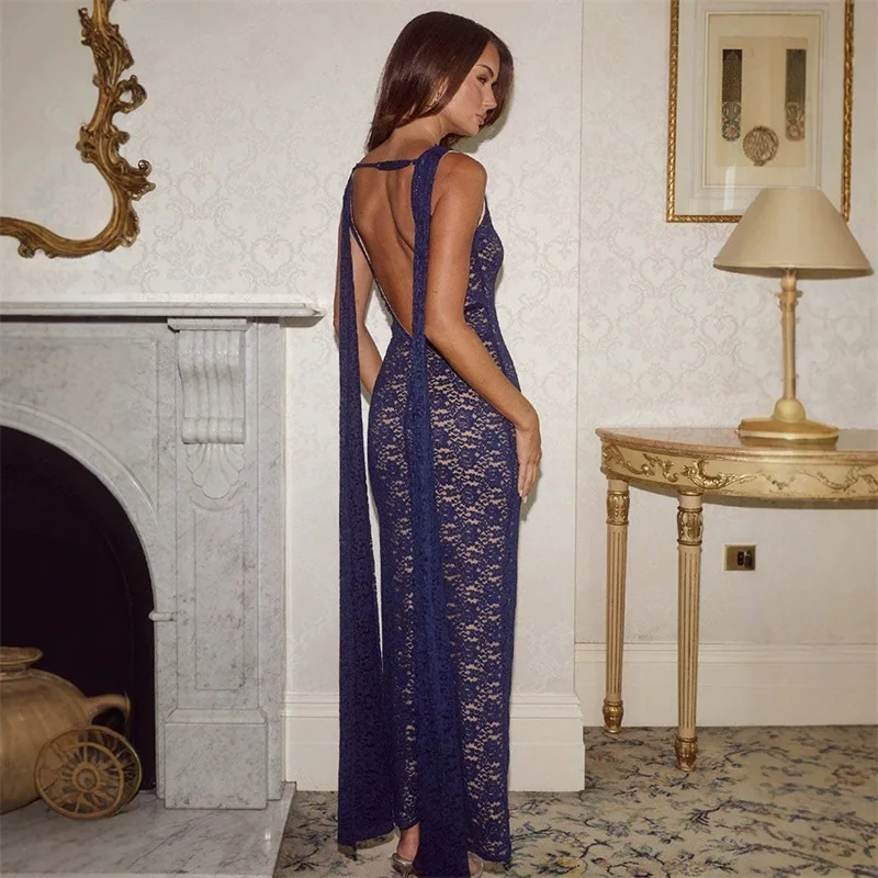 Navy Blue Prom Dress With Scarf Sexy Backless Sleeveless Long Sheath Party Gown Luxury Formal Wedding Birthday Evening Robe