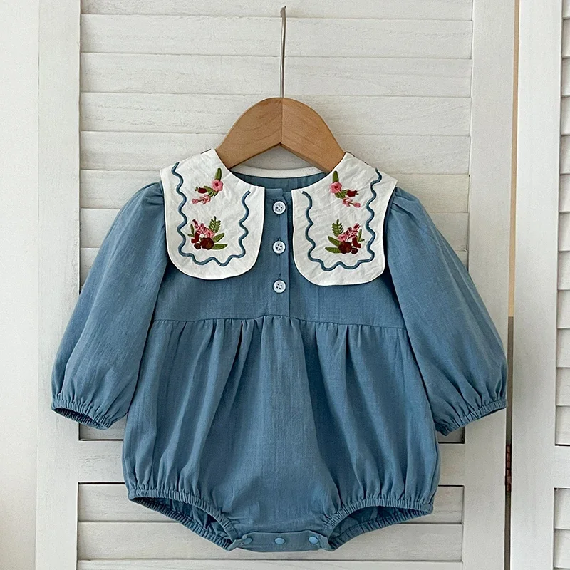 Осенние модные боди для девочек с вышивкой, одежда с длинными рукавами и цветочным узором для маленьких девочек, детский повседневный праздничный комбинезон для малышей, корейский стиль