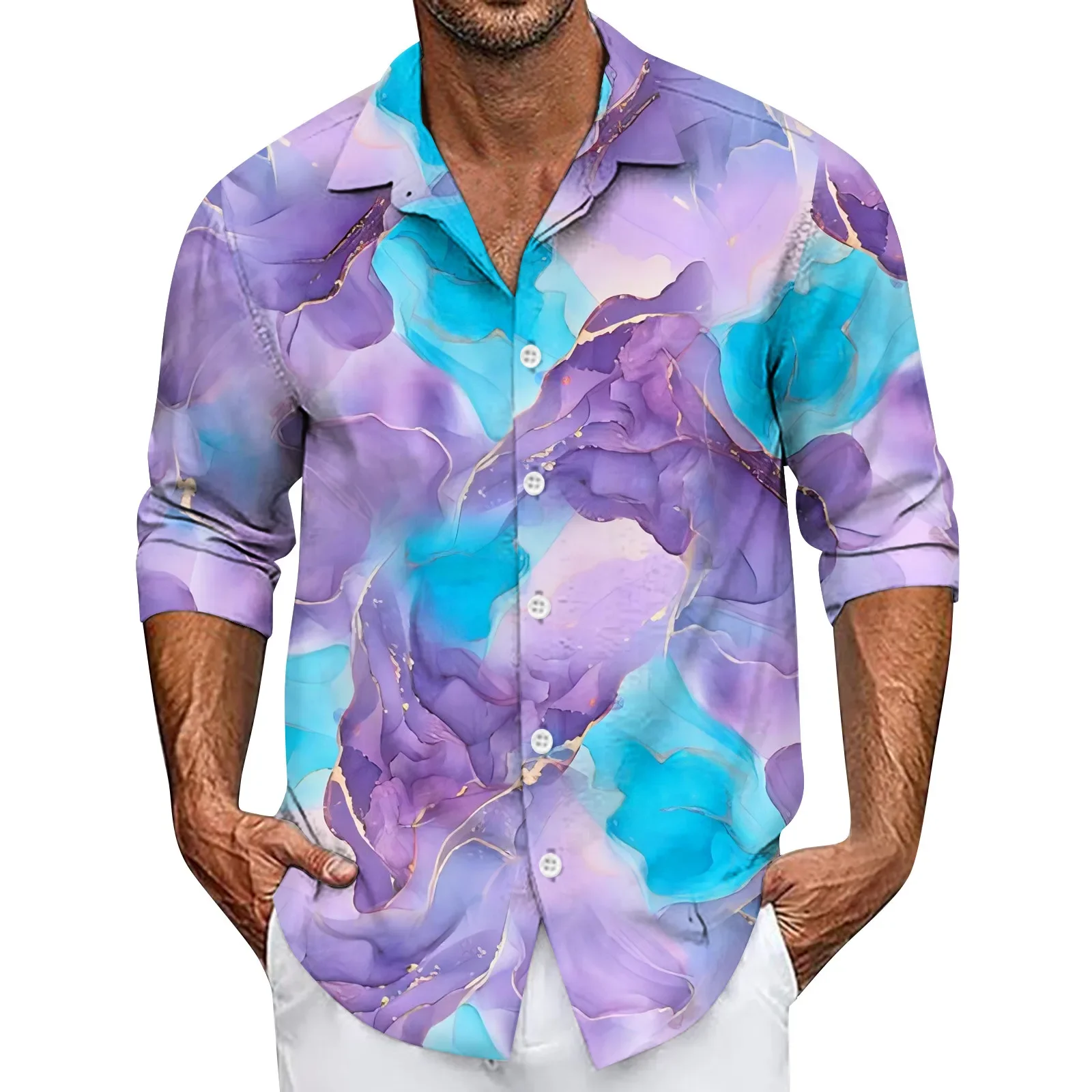 2025Männer T-Shirt Männer Sommer Neue Lose Druck Langarm-shirt Strickjacke Strand Hemd Nuevo En Tops Y Camisetas Erkek Giyim