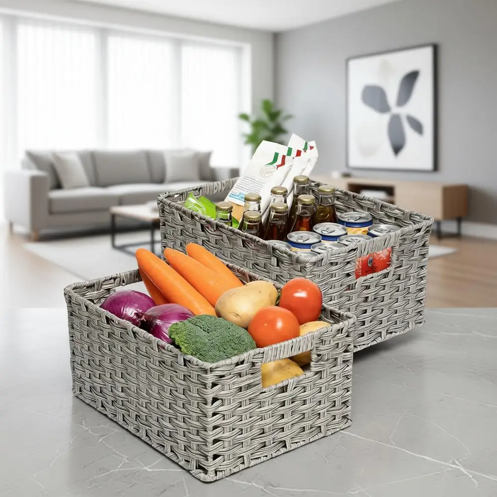 

2 Pack Wicker Storage Baskets with Handles, Waterproof Woven Organizers, Large 15 & Medium 14, Grey