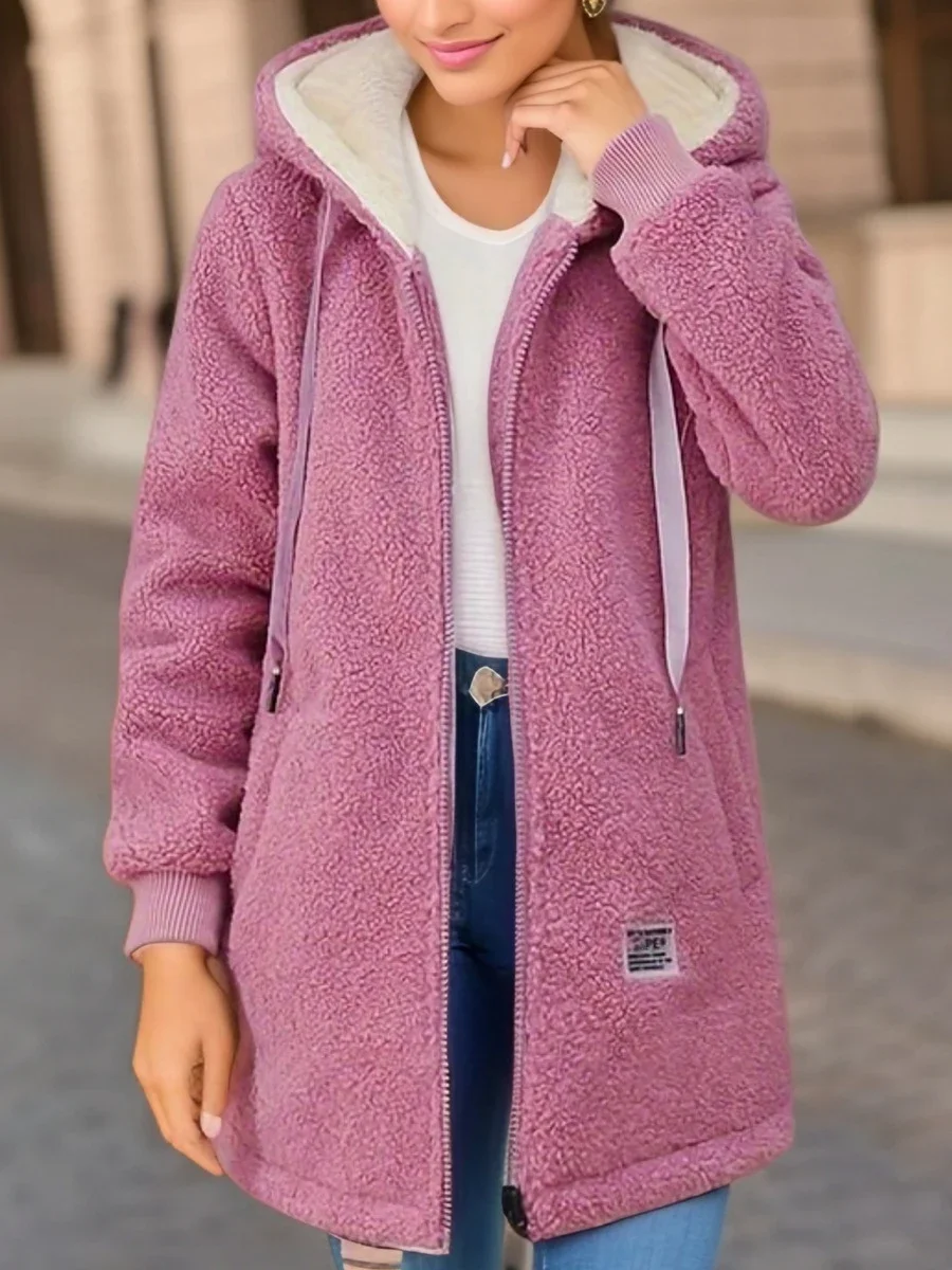 

2025 New Women Fleece Lined Hoodie Jacket Warm Lamb Wool Long Sweatshirt Autumn Winter Zip Up Embroidered Letter Thick Coat