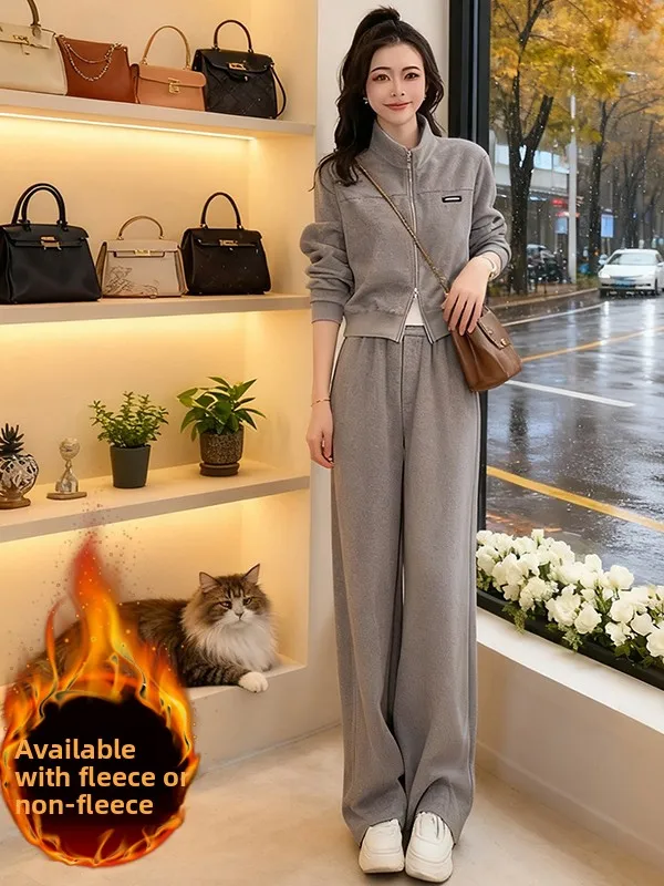 

Утепленный флисовый спортивный костюм для женщин: повседневные широкие брюки и серый верх, комплект из двух предметов, зимняя коллекция