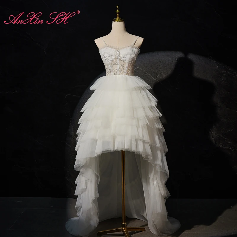 AnXin SH exquisite spaghetti strap white lace beading beads flower high/low party customized evening dress little white dress