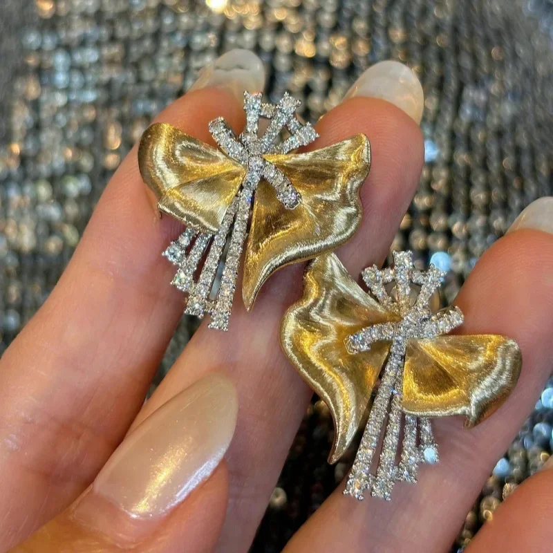 Classic irregular wire drawing bowknot earrings exquisite wedding light luxury earrings for women copper inlaid zircon jewelry