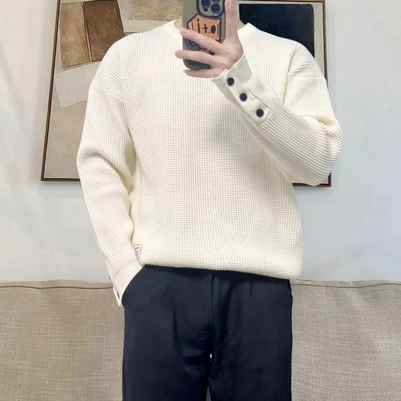 بلوفر رجالي بأزرار مقاس كبير ورقبة مستديرة عادية ملابس الشارع الشهير Emo قطع علوية 90s عتيقة جديدة رخيصة وملابس Y2k سترة رجالي