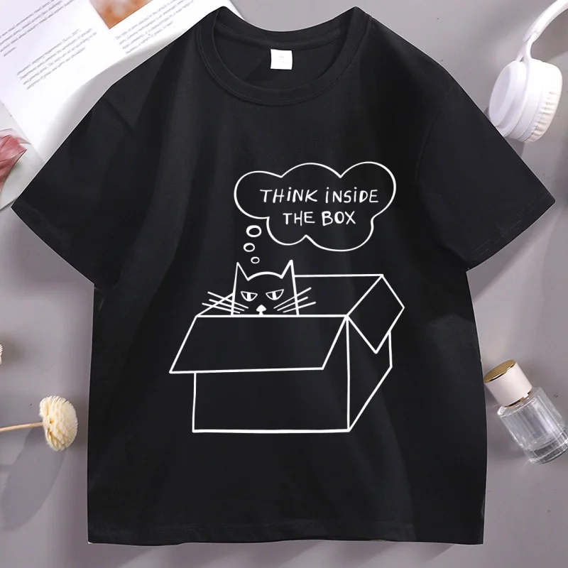 

Think Inside The Box Line Art T-shirt Funny Cat Printed Tshirt Cotton Short Sleeve Round Neck T Shirt High Quality Man Clothes