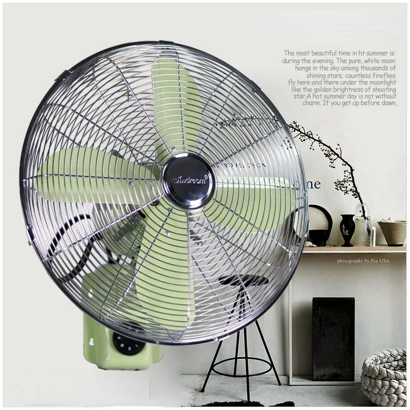 12 /16 Inch Retro Fresh Green Metal Wall Fan Kitchen Home Wallhanging Fan Mechanical Swinging Head Copper Core Electric Fans