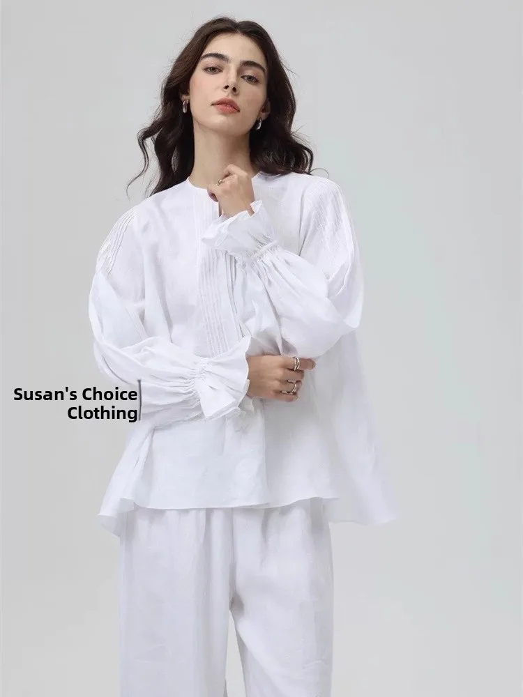 

Susan Casual Linen Long Sve round Ne irt Wide Leg Pants Set Summer Faion Women's Two-Piece Suit Vaion Sle