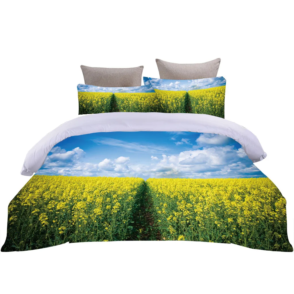 HUANZHUANG 3Pcs Pillowcase Single Teen Microfiber Duvet Cover Yellow Rape Flower Bedding Set And 2 Pillowcases Fashion Comfortab