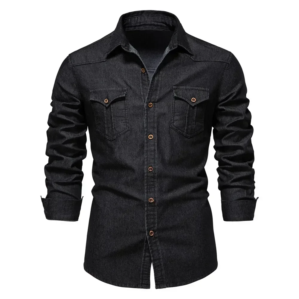 

Elastic Cotton Denim Shirt Men Long Sleeve Quality Cowboy Shirts for Men Casual Slim Fit Mens Designer Clothing