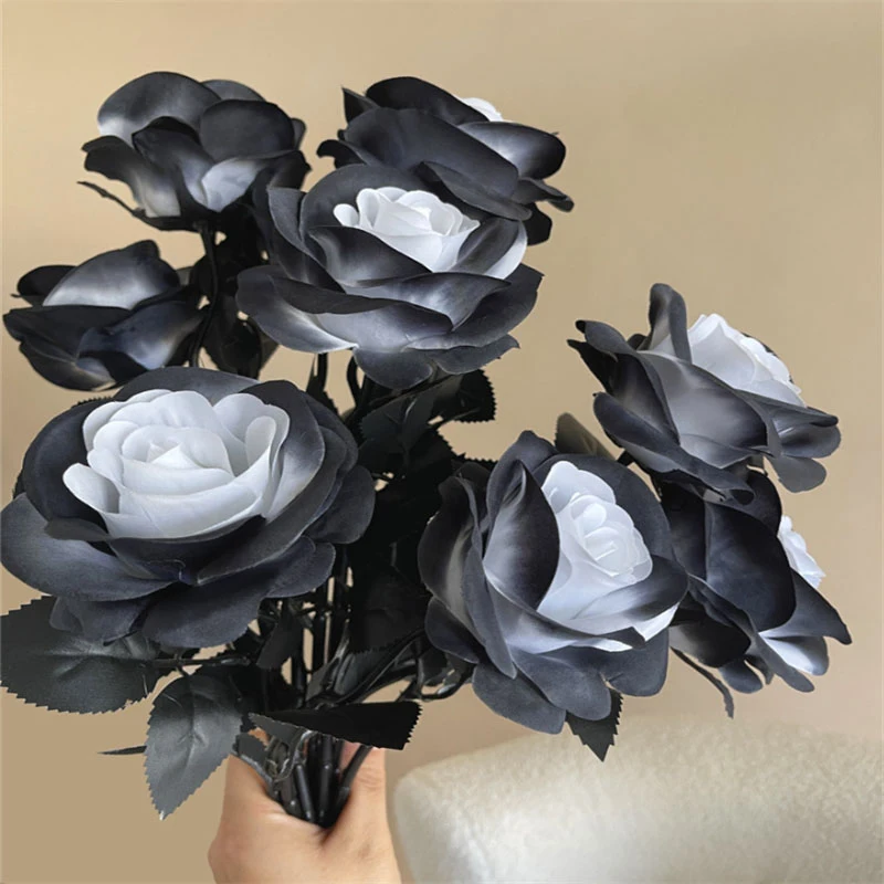 Fake Flower Black Silk Artificial Rose Flower Halloween Gothic Dark Flowers For Wedding Home Party Decor Simulation Flowers