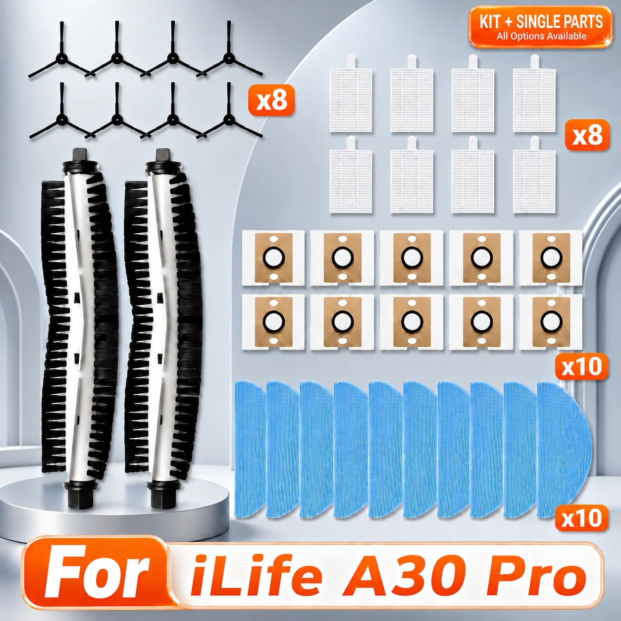 Compatible For iLife A30 Pro Robot Vacuum Cleaner Replacement Parts Kit Main Brush Side Brush HEPA Filter Mop Cloth Dust Bag