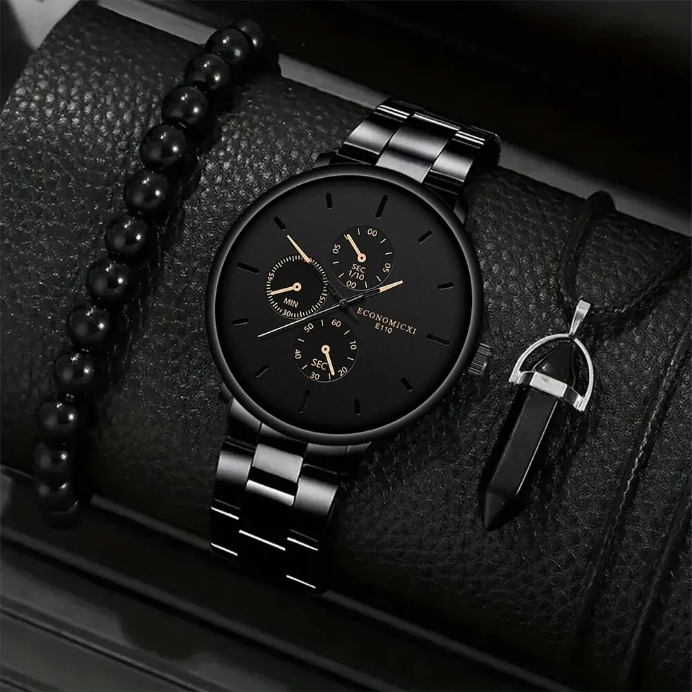 3Pcs Men's Casual Simple Business Three-eye Digital Pointer Steel Band Quartz Watch Fashion Luxury Necklace Bracelet Set