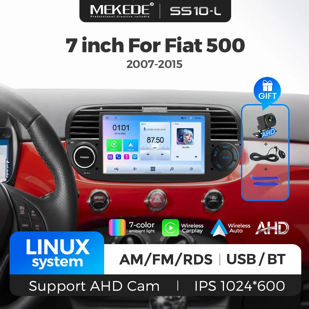 MEKEDE Linux Car Radio For Fiat 500 2007 - 2015 Wireless CarPlay Android Auto GPS Car Multimedia Player FM WIFI Stereo Head Unit