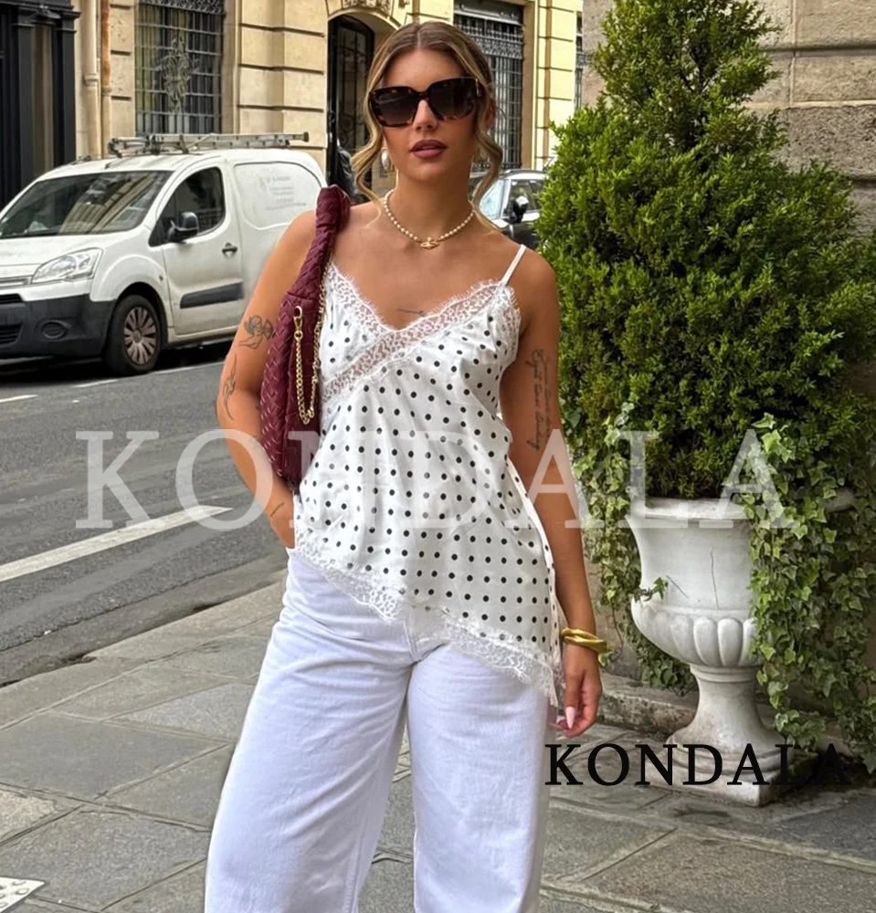 KONDALA Trendige Damen Spitzen-Satin-Neckholder-Tops Asymmetrische Sexy Cami-Tops 2026 Frühling Sommer Mode High Street Polka Dot Tops