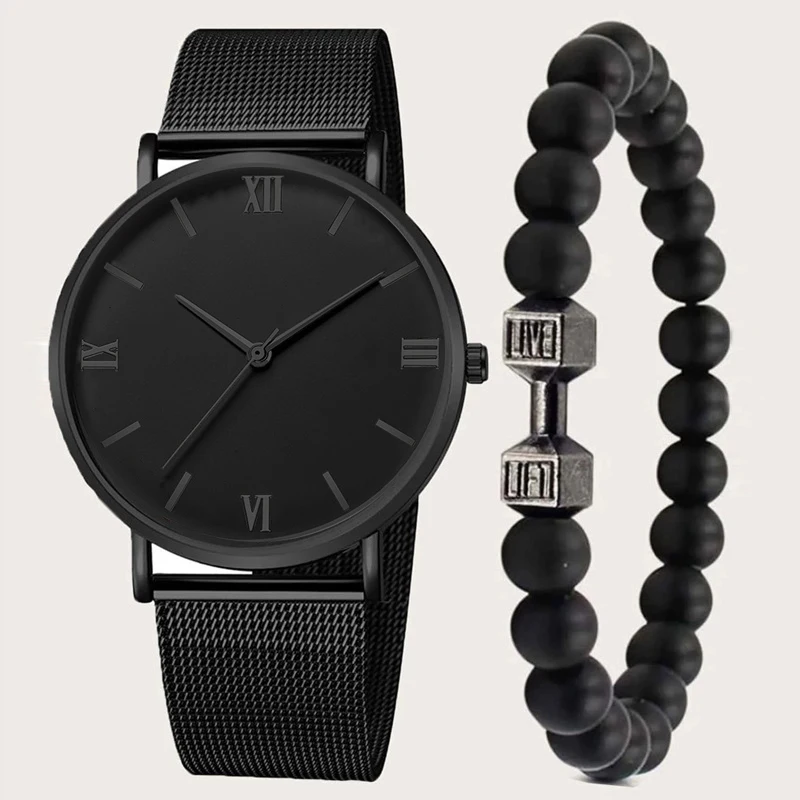 2Pcs Fashion Men's Watch Business Simple Stainless Steel Mesh Belt Quartz Watch with Dumbbell Bead String Bracelet Set