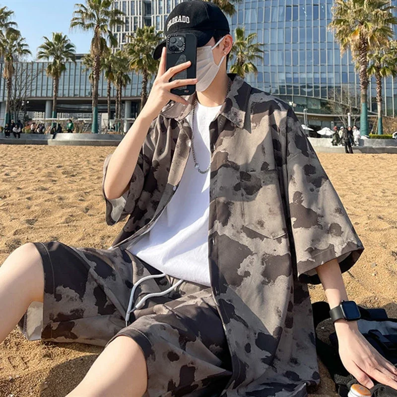 Hip Hop Mens Vintage Tie Dye Dark Gray Two Piece Sets Summer Hawaiian Beach Suits Loose Oversized Blouse and Pants Harajuku 2024