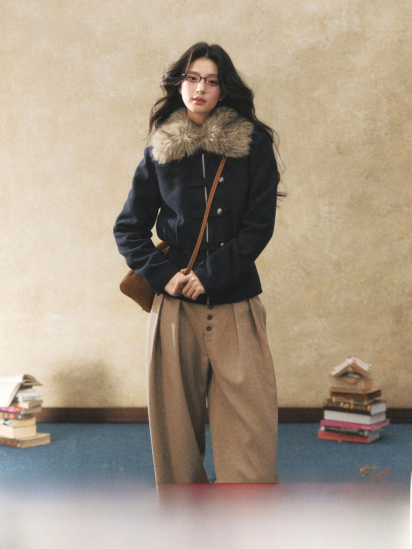 

7iftin Original Design Winter New Sle k Blue Patchwork Fur Collar Warm Waist-Cinching Slimming Women's ort Jaet