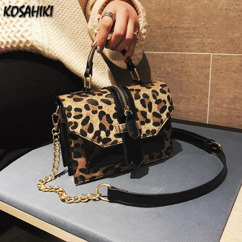 Trendy Japanese Fashion Leopard Crossbody Bag Korean Y2k Aesthetic Lady Top-Handle  Vintage Chain All Match Shoulder Handbags