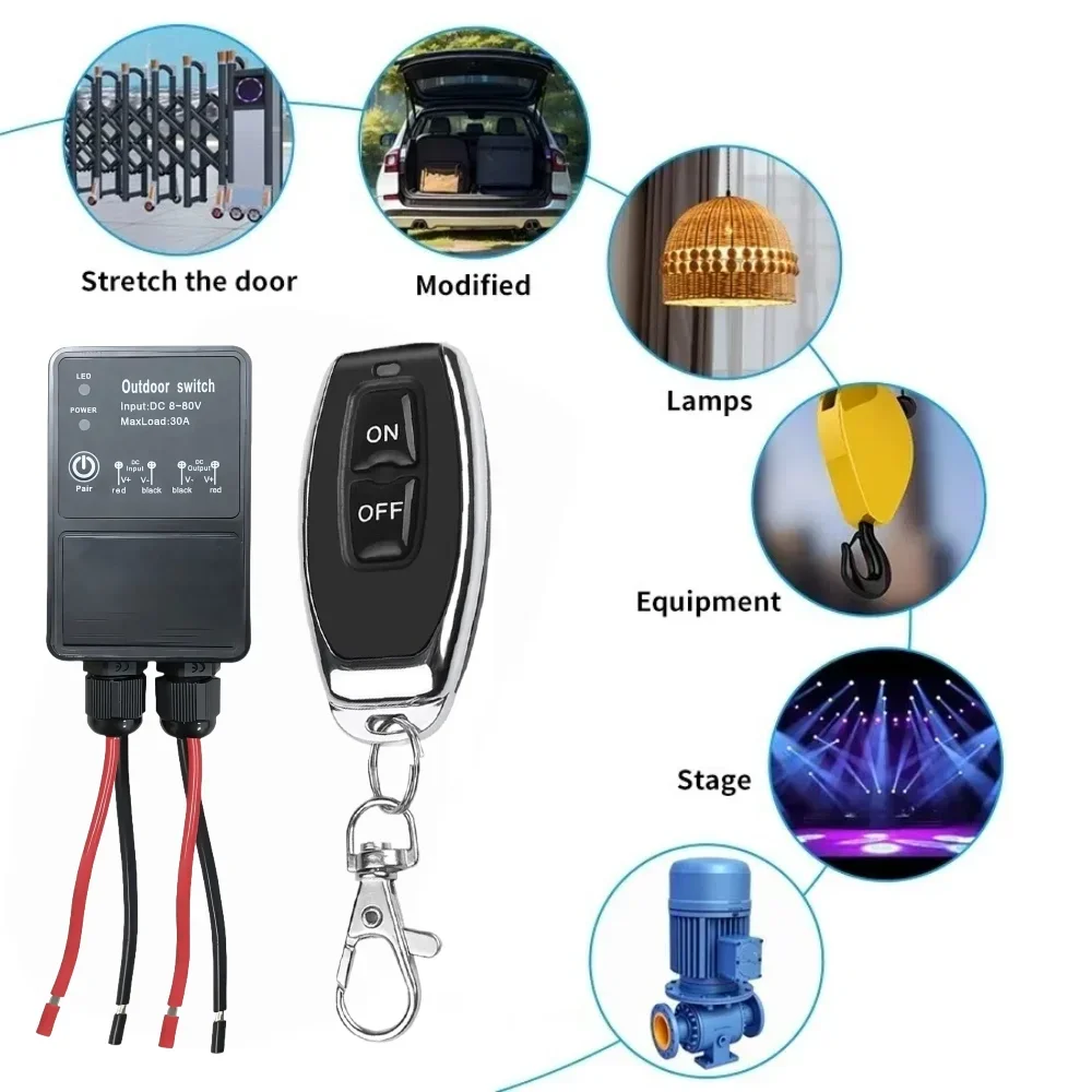 433Mhz DC 12V 24V 36V 72V 80V RF 무선 리모컨 스위치 방수 30A 릴레이 야외 조명 제어용 물 펌프 팬