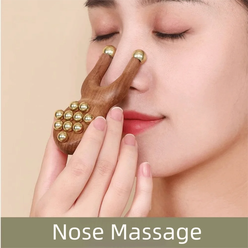 

12 Copper Beads Guasha Face Massager Tool Wooden Handle Fascia Lifting Meridian Therapy Comb Frog Shape Handheld