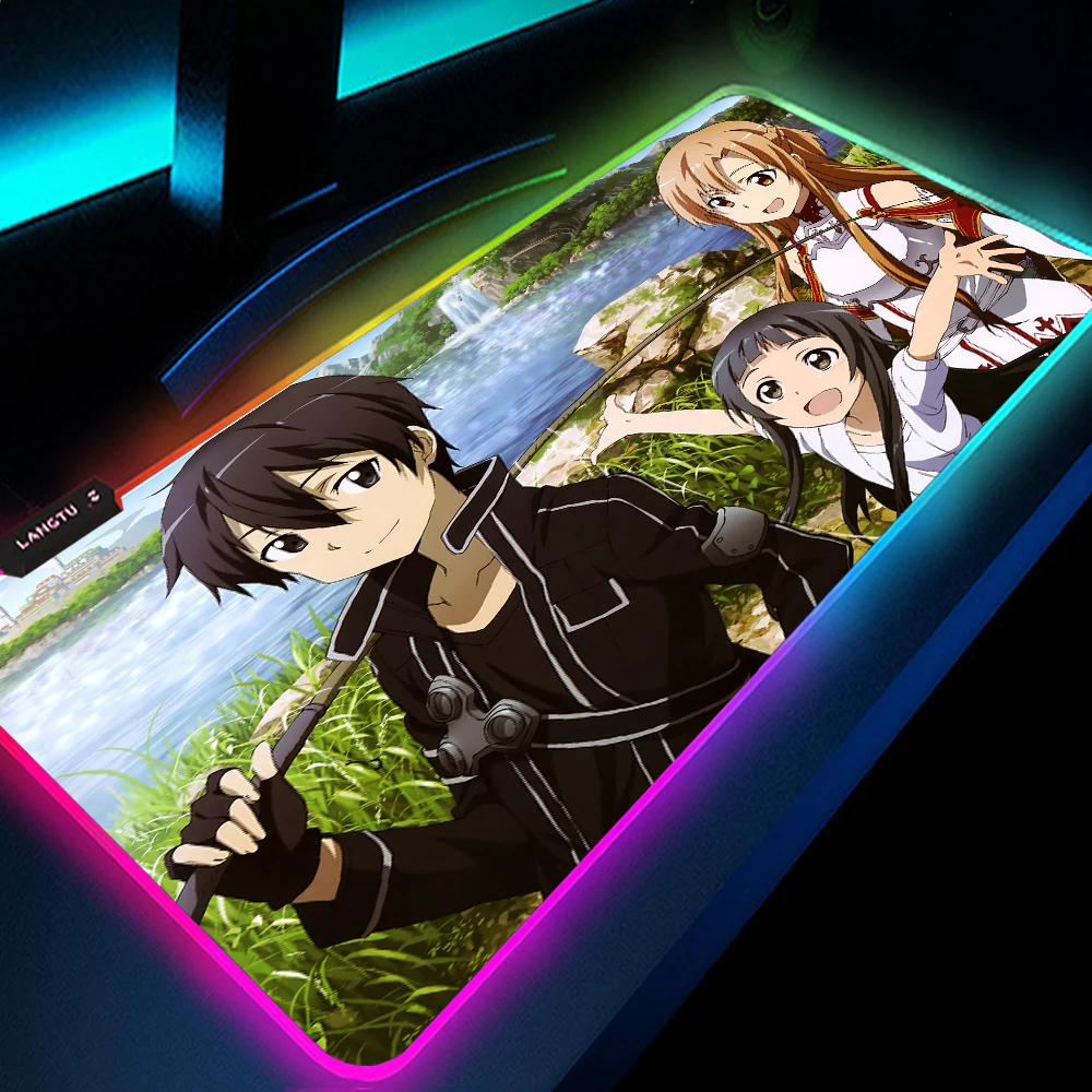 Asuna Yuuki RGB แผ่นรองเมาส์ XXL backlit MAT สำหรับโต๊ะคอมพิวเตอร์ Kirito mauspad วางช้อปปิ้งอะนิเมะปกโต๊ะอุปกรณ์เล่นเกม