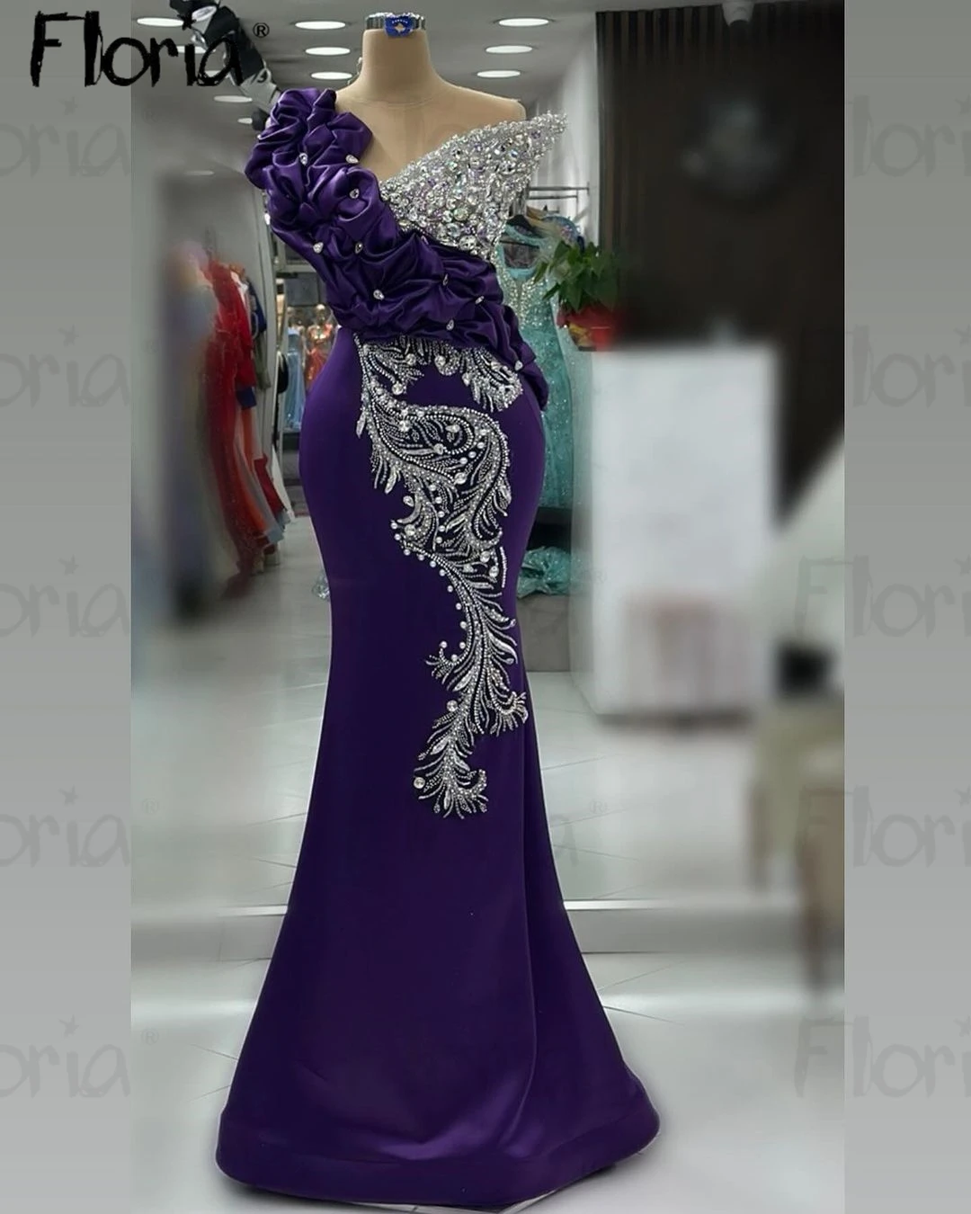 Haute Couture abito da sera formale viola fiori 3D cristalli d'argento Dubai donne matrimonio ospite Prom Gonws abiti da Cocktail Party