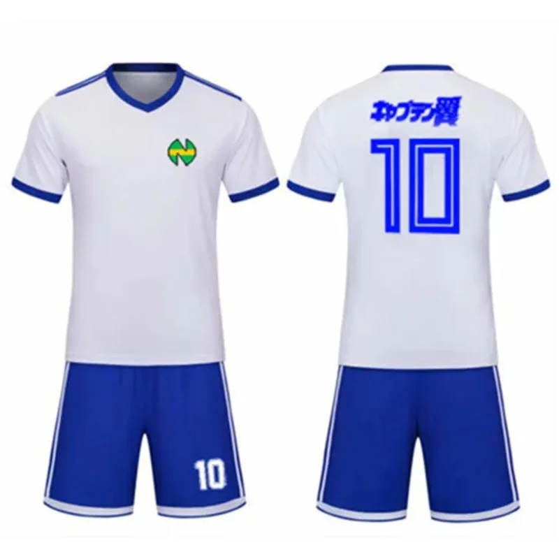 Captain Tsubasa Nankatsu School Football Jersey Sets No.10 Tsubasa Ozora Cosplay White Soccer Top Tee & Blue Shorts